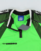 Vintage 1990s Umbro Volt Green Zip Collar Padded Long Sleeve Football Goalkeeper Shirt - L
