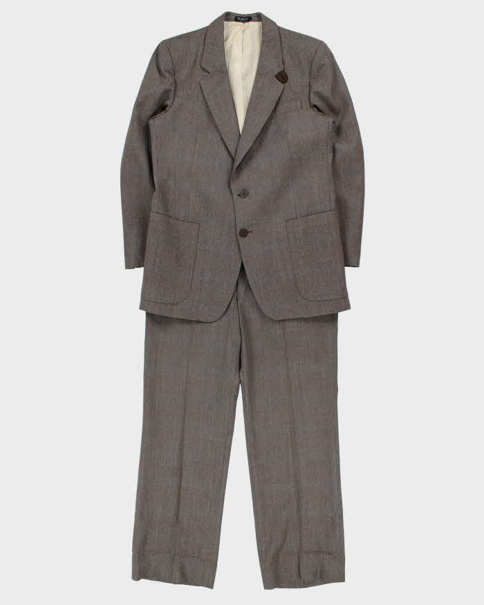 Vintage 1970s Pierre Cardin Union Made In USA 'Hudson's Bay' Wool Herringbone Plaid Single Breasted Relaxed Straight Leg Two-Piece Suit - M
