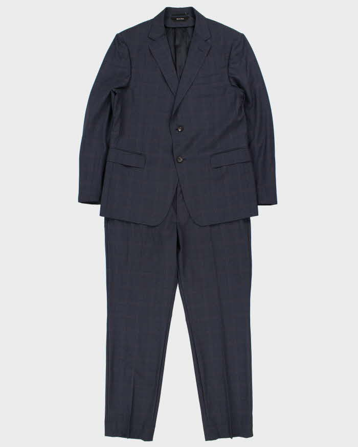 Vintage Z Zegna Navy Tartan Wool Drop 8 Single Breasted Slim Leg Two-Piece Suit - L