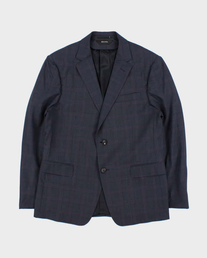 Vintage Z Zegna Navy Tartan Wool Drop 8 Single Breasted Slim Leg Two-Piece Suit - L