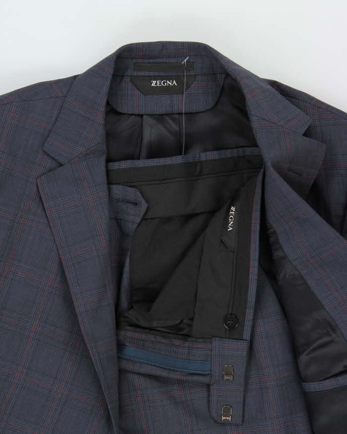 Vintage Z Zegna Navy Tartan Wool Drop 8 Single Breasted Slim Leg Two-Piece Suit - L