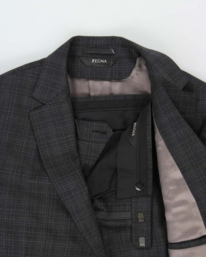 Vintage Z Zegna Plaid Charcoal Wool Drop 8 Single Breasted Slim Leg Two-Piece Suit - L