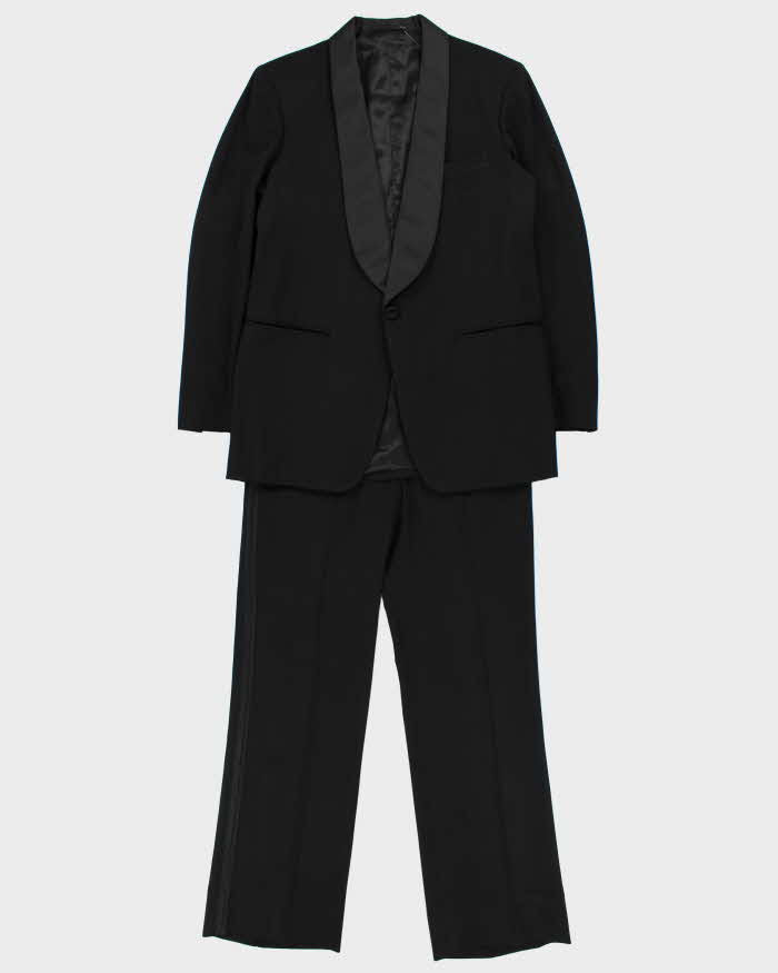 Vintage 1970s Harrisons Made In England Wool Satin Lapel / Galloon Braid Bootcut Flare Two-Piece Tuxedo - M