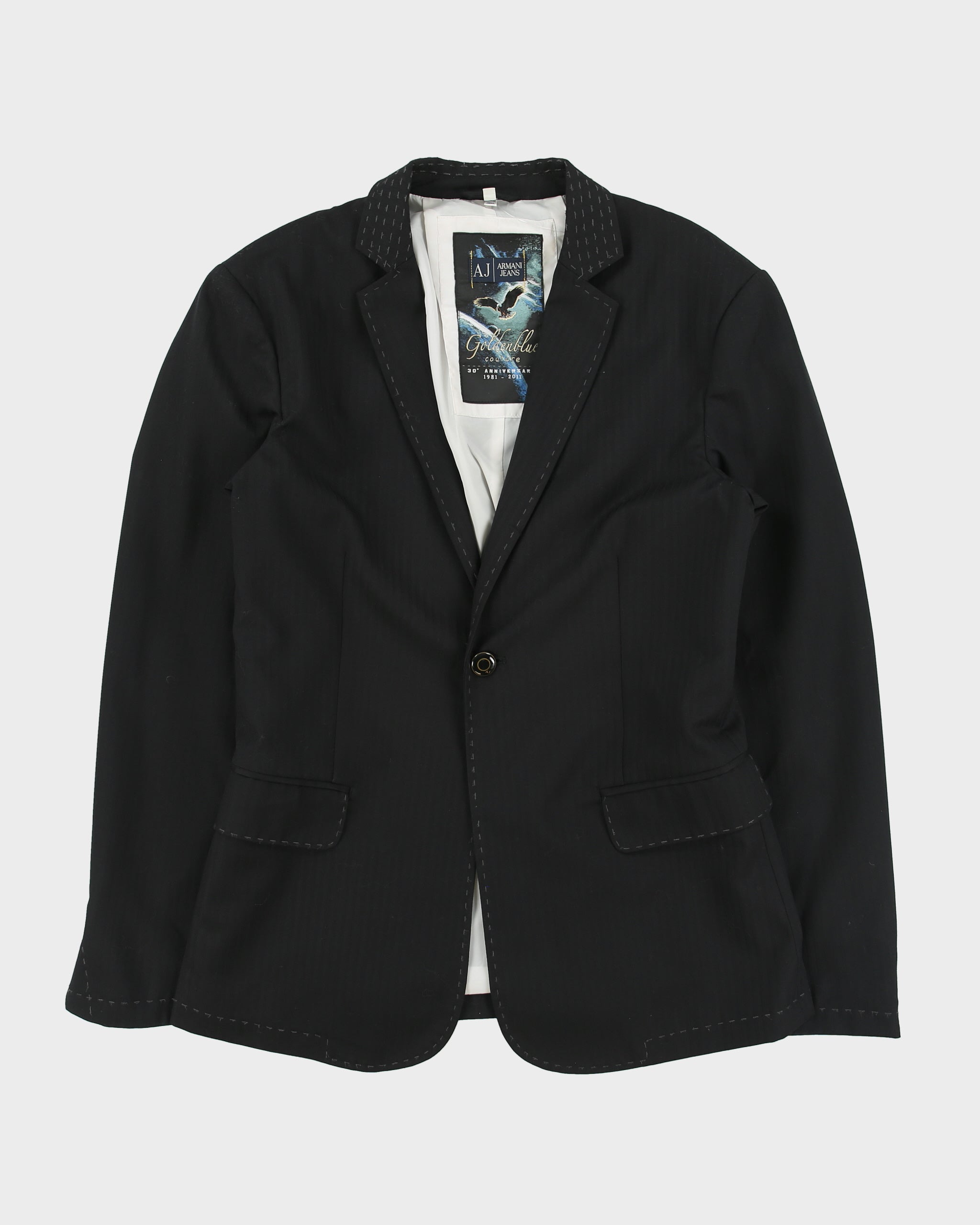 Vintage Armani Jeans Goldenblue Couture 30th Anniversary Pinstripe Wool Blend Single Button Blazer - M