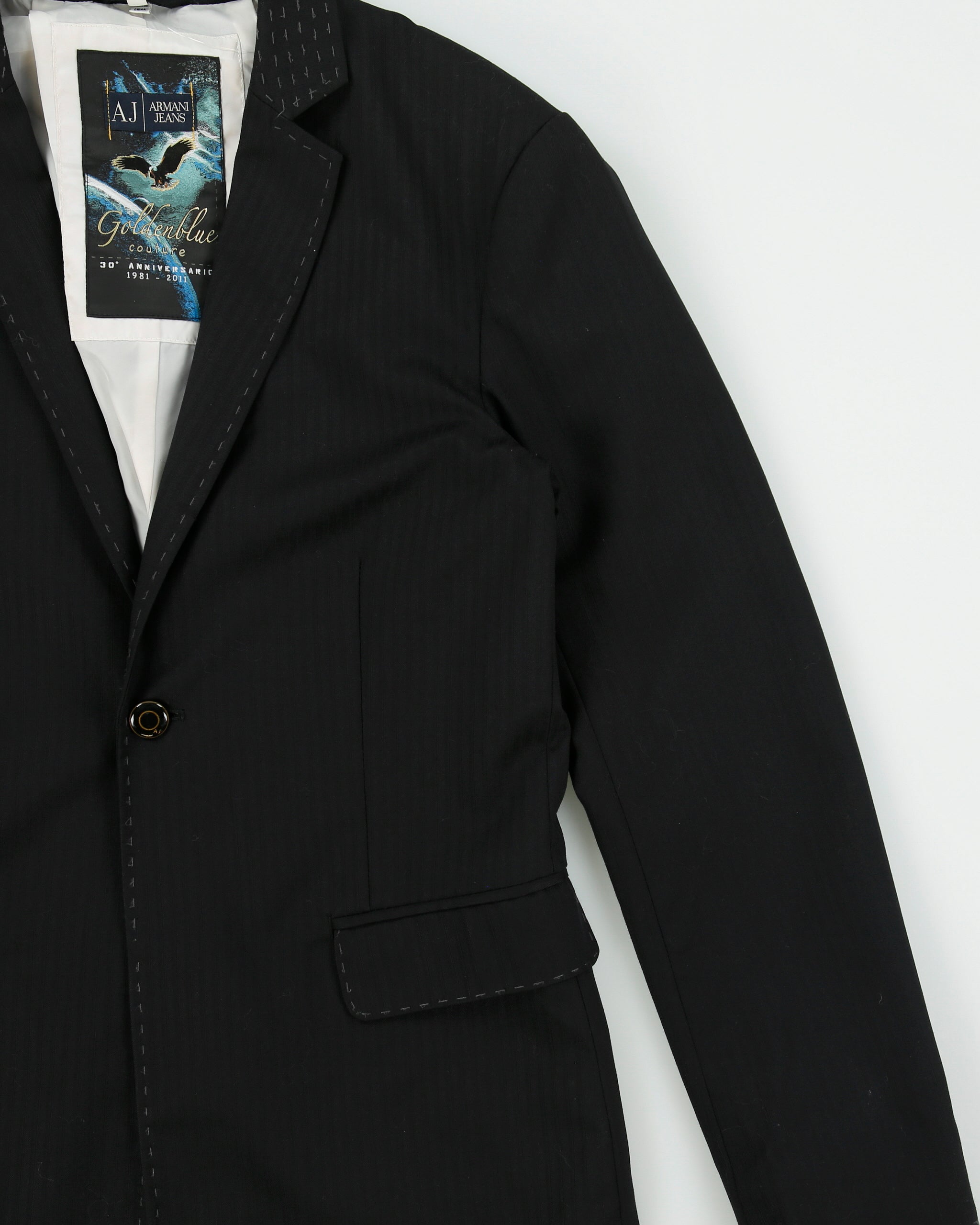 Vintage Armani Jeans Goldenblue Couture 30th Anniversary Pinstripe Wool Blend Single Button Blazer - M