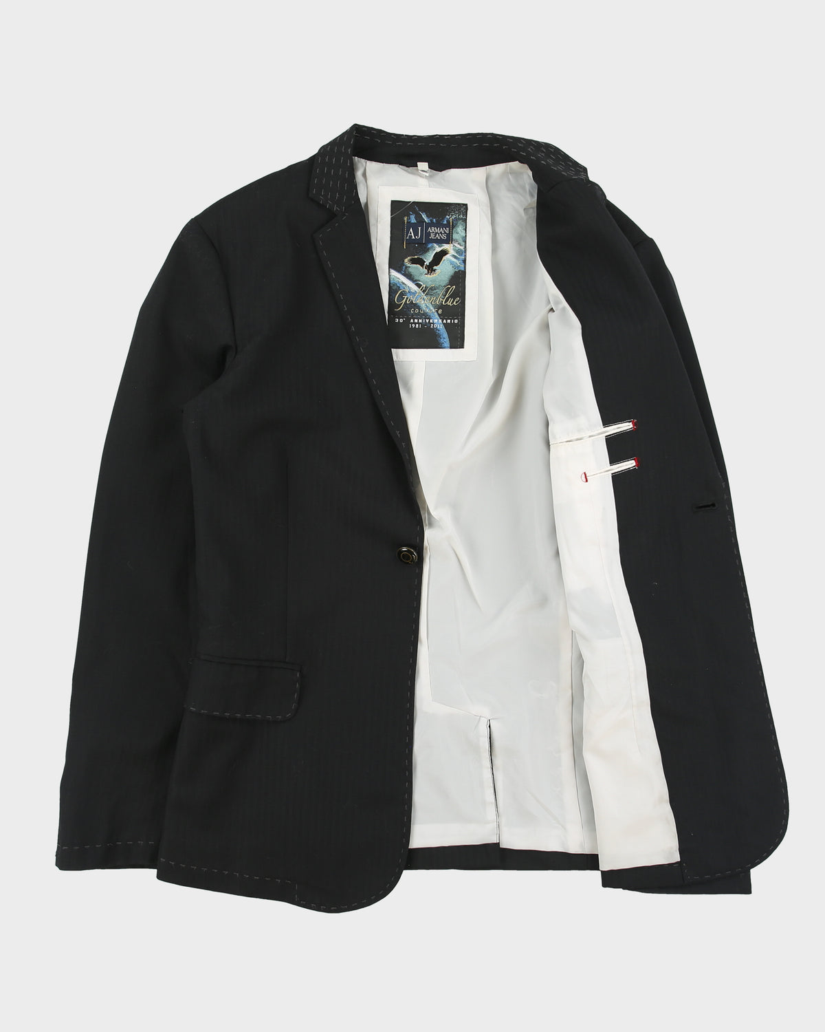 Vintage Armani Jeans Goldenblue Couture 30th Anniversary Pinstripe Wool Blend Single Button Blazer - M