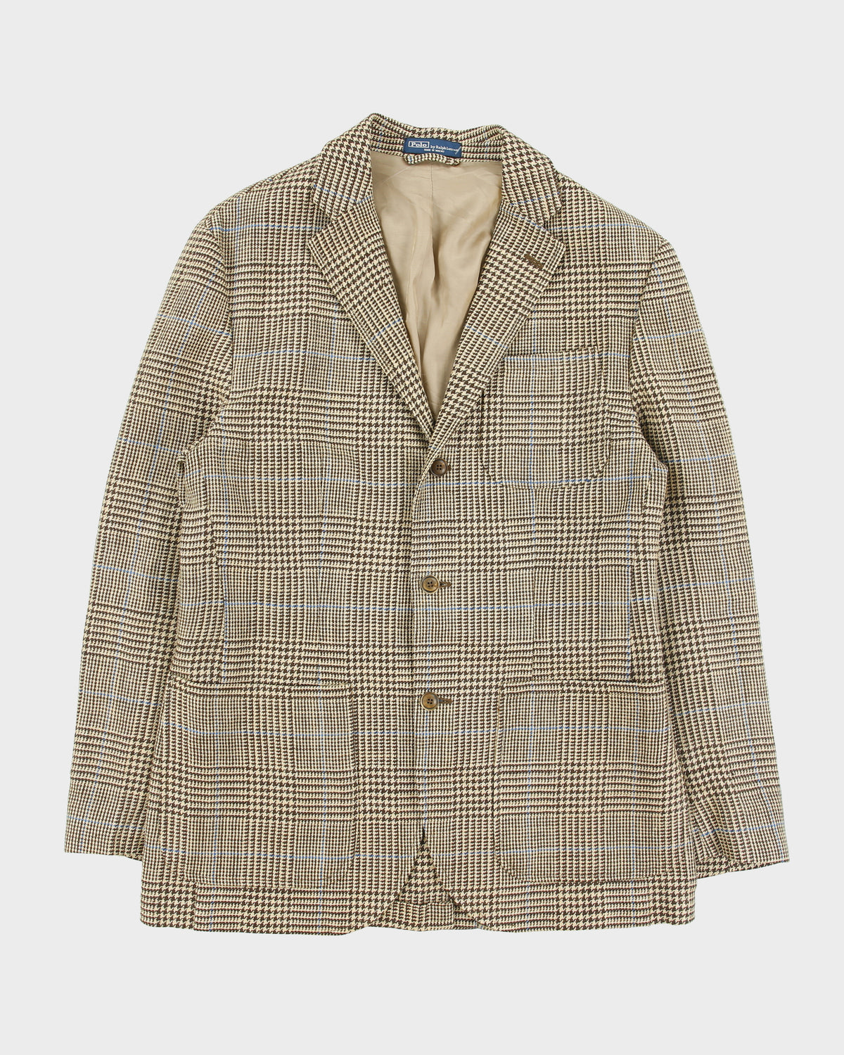 Vintage Y2K 00s Polo Ralph Lauren Houndstooth Plaid Linen 3 Button Blazer - M