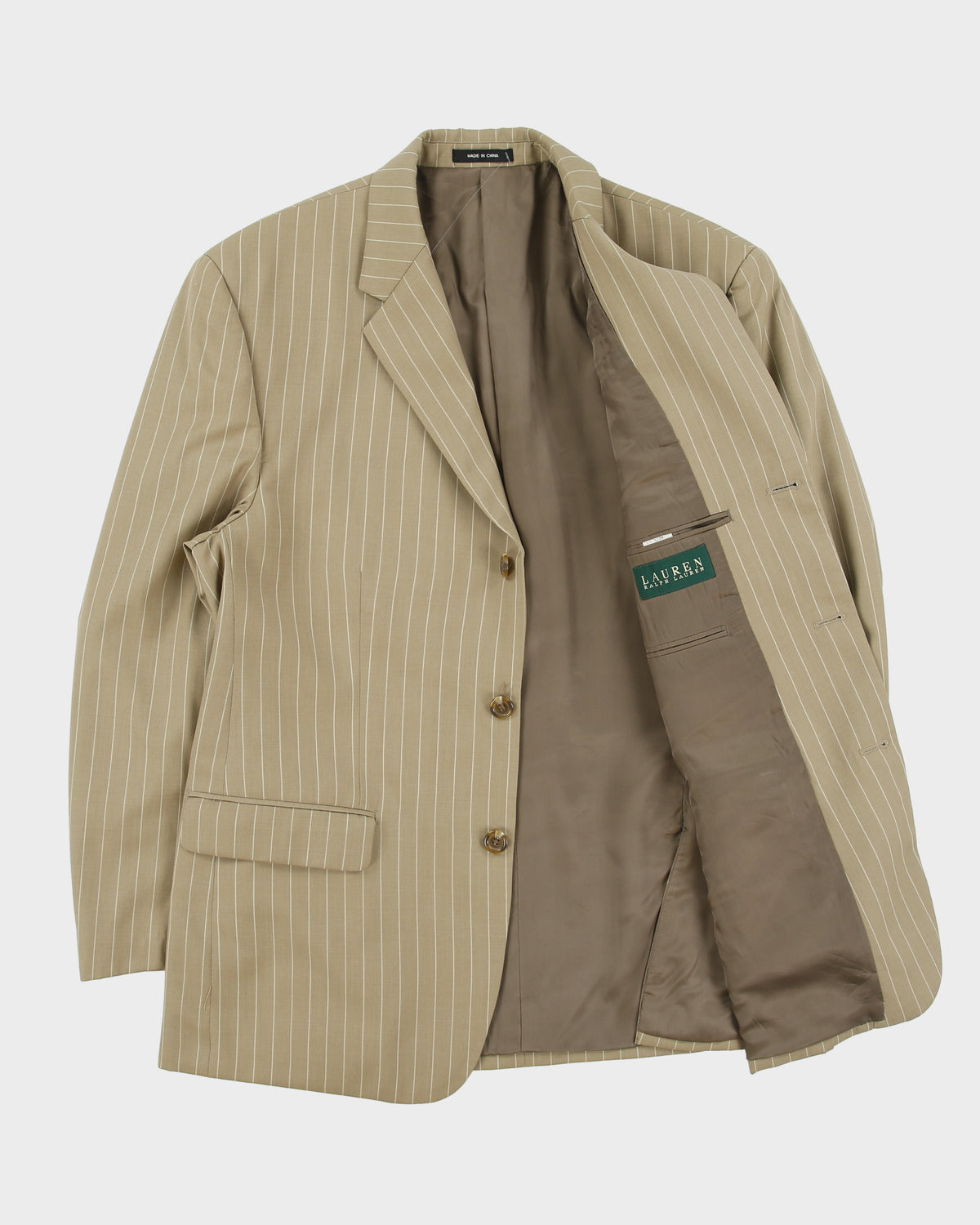 Vintage Y2K 00s Lauren Ralph Lauren LRL Khaki Pinstripe Wool 3 Button Blazer - L