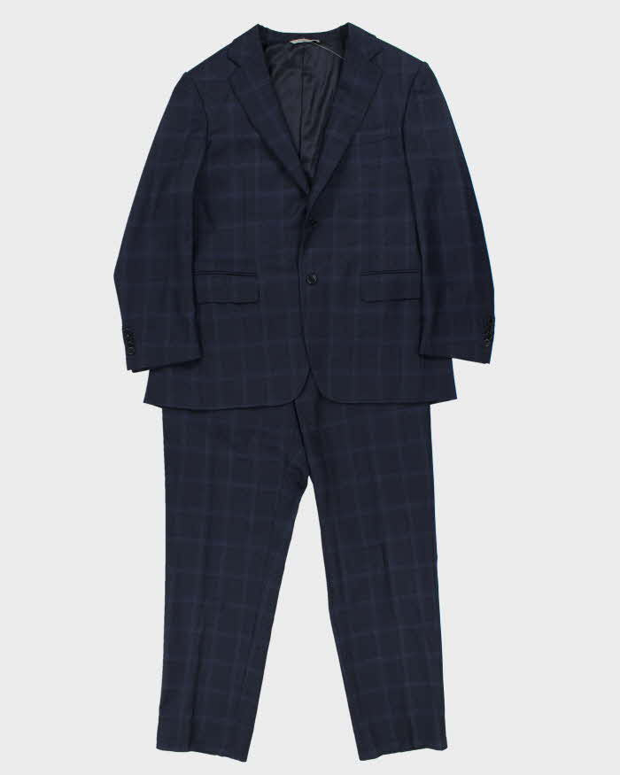 Vintage Canali Navy Blue Check Wool Straight Leg Two-Piece Suit - XL