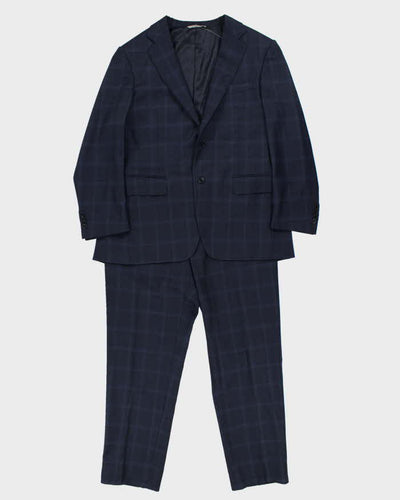 Vintage Canali Navy Blue Check Wool Straight Leg Two-Piece Suit - XL
