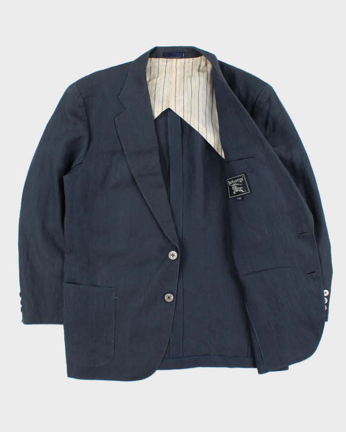 Vintage 1990s Burberry Japan Navy Linen Single Breasted Blazer - L