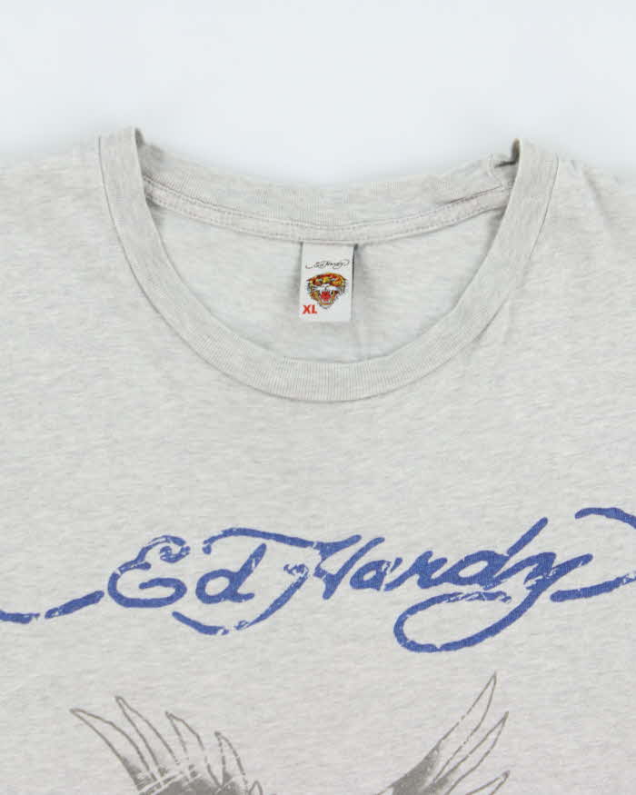 Vintage Y2K 00s Ed Hardy Marl Grey Eagle Crewneck T-Shirt - XL