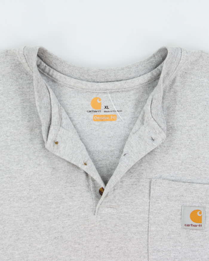 Vintage Carhartt Marl Grey Heavyweight Original Fit Henley Pocket T-Shirt - XL