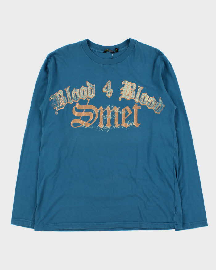 Vintage Y2K 00s Smet By Christian Audigier Made In USA Teal Blood 4 Blood Crewneck Long Sleeve T-Shirt - L