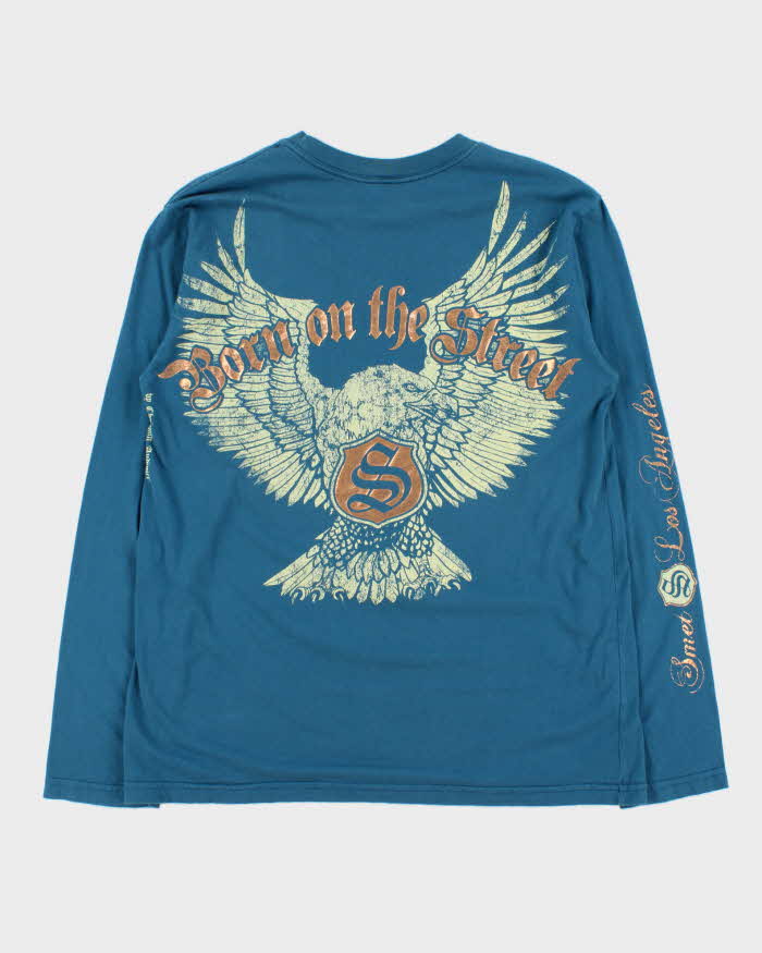 Vintage Y2K 00s Smet By Christian Audigier Made In USA Teal Blood 4 Blood Crewneck Long Sleeve T-Shirt - L