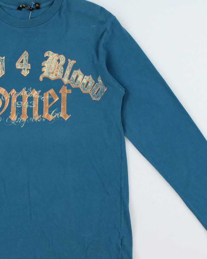 Vintage Y2K 00s Smet By Christian Audigier Made In USA Teal Blood 4 Blood Crewneck Long Sleeve T-Shirt - L