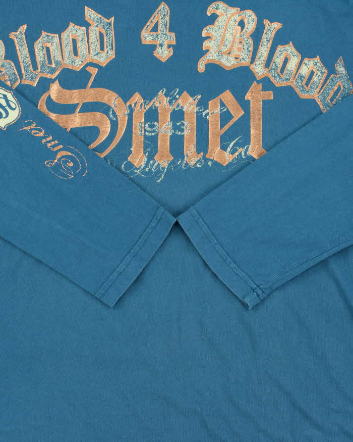 Vintage Y2K 00s Smet By Christian Audigier Made In USA Teal Blood 4 Blood Crewneck Long Sleeve T-Shirt - L