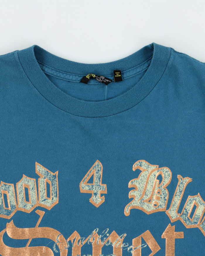 Vintage Y2K 00s Smet By Christian Audigier Made In USA Teal Blood 4 Blood Crewneck Long Sleeve T-Shirt - L