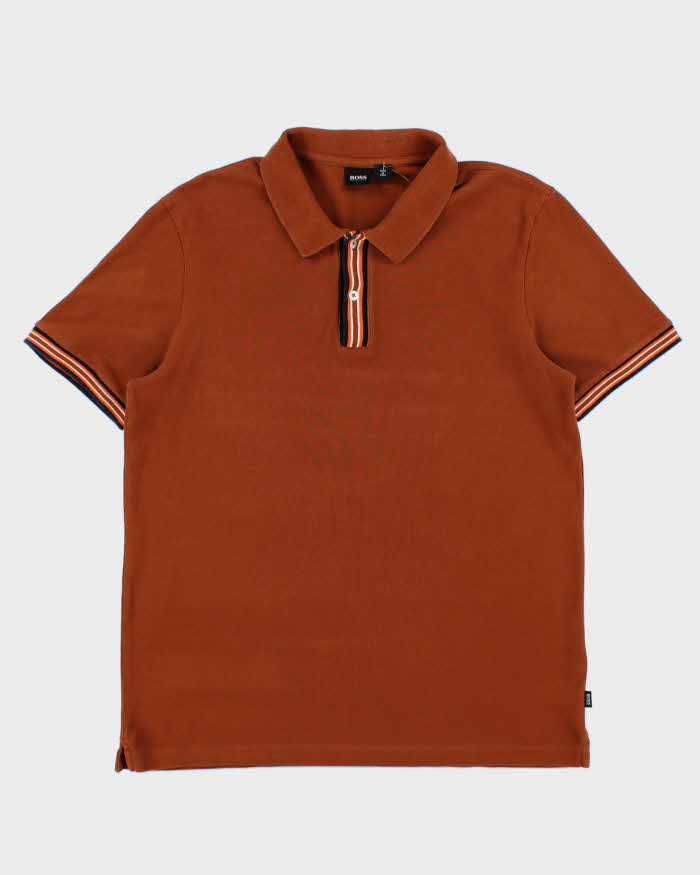 Hugo Boss Parley 107 Tan Brown Striped Short Sleeve Polo Shirt - XL