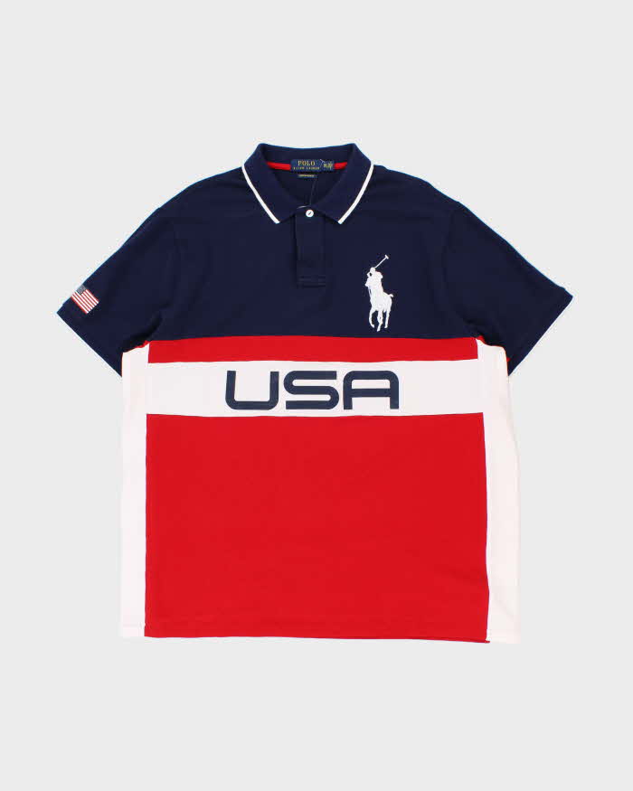 Vintage Polo Ralph Lauren Big Pony USA Flag Striped Custom Slim Short Sleeve Polo Shirt - XXL