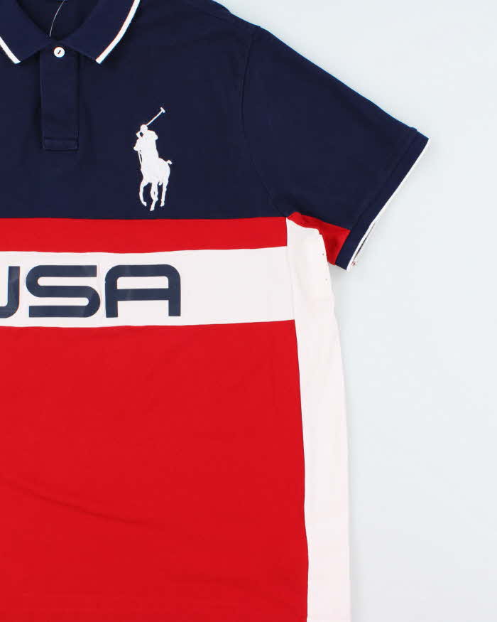 Vintage Polo Ralph Lauren Big Pony USA Flag Striped Custom Slim Short Sleeve Polo Shirt - XXL
