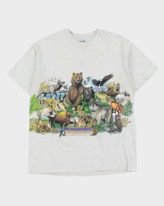 Vintage 1993 Harlequin N.G North American Wilderness Marl Grey Single Stitch Hanes Beefy Heavyweight Made In USA Crewneck T-Shirt - L