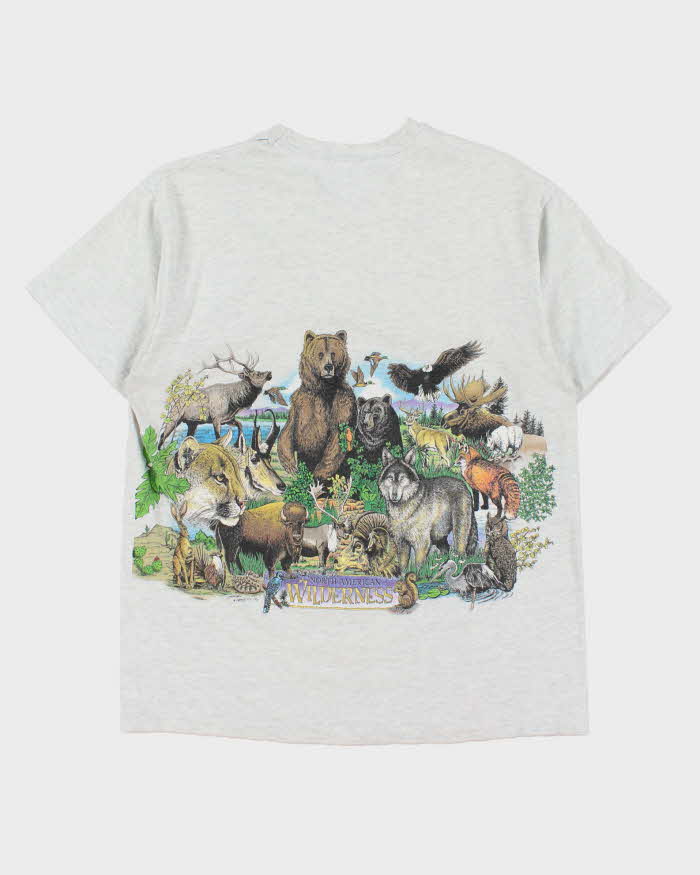 Vintage 1993 Harlequin N.G North American Wilderness Marl Grey Single Stitch Hanes Beefy Heavyweight Made In USA Crewneck T-Shirt - L