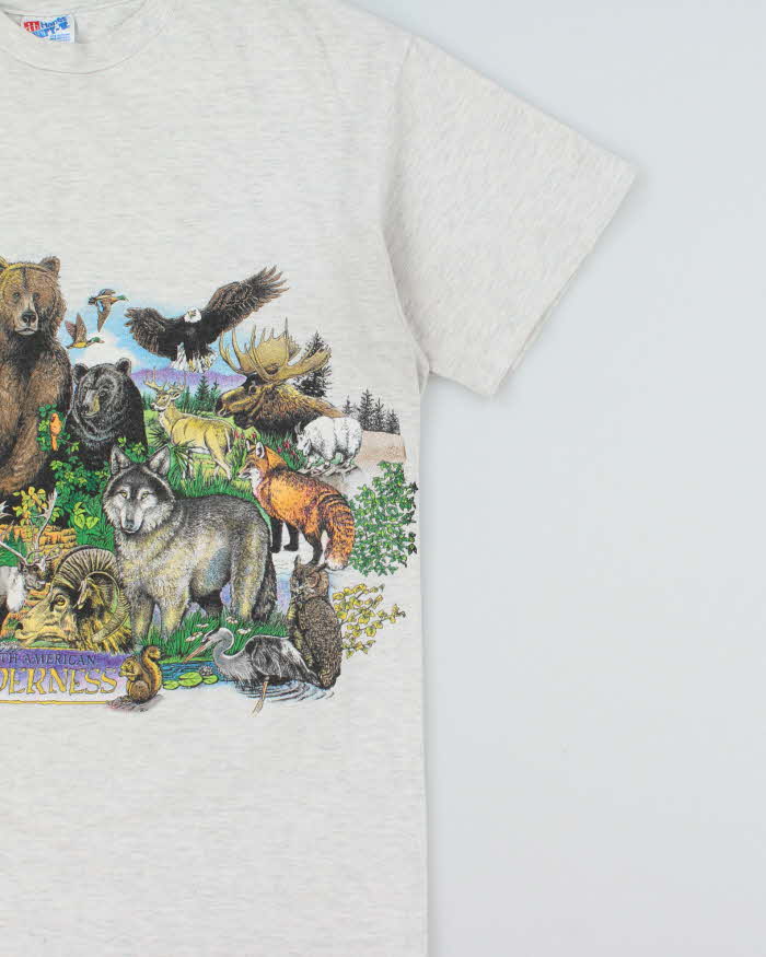 Vintage 1993 Harlequin N.G North American Wilderness Marl Grey Single Stitch Hanes Beefy Heavyweight Made In USA Crewneck T-Shirt - L