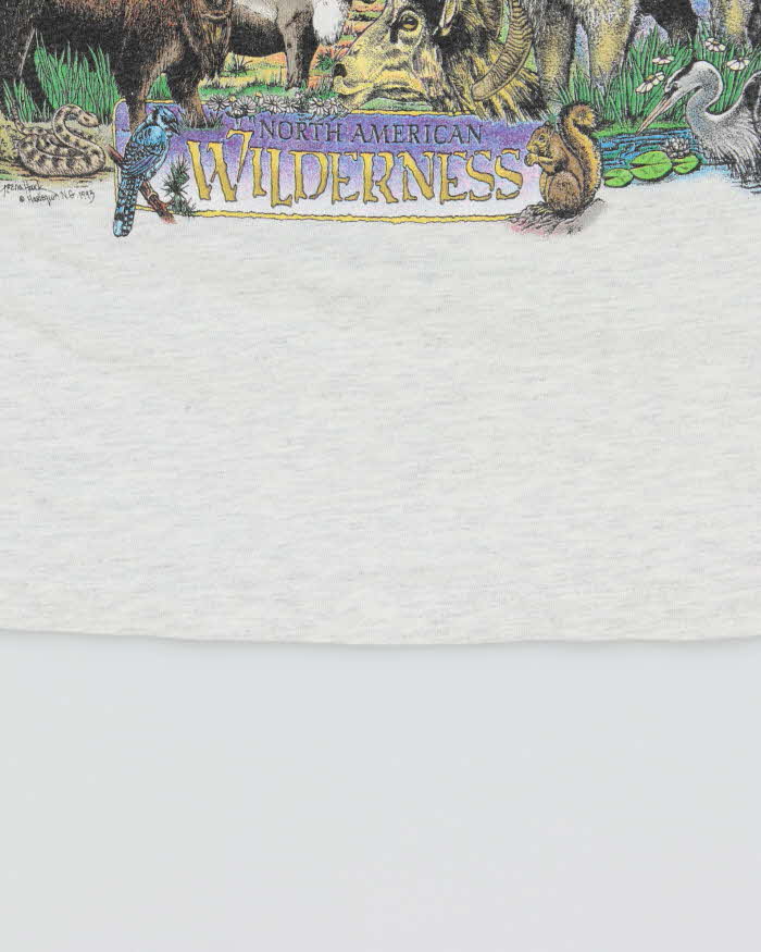 Vintage 1993 Harlequin N.G North American Wilderness Marl Grey Single Stitch Hanes Beefy Heavyweight Made In USA Crewneck T-Shirt - L