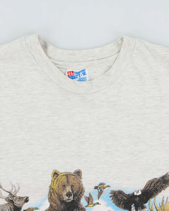 Vintage 1993 Harlequin N.G North American Wilderness Marl Grey Single Stitch Hanes Beefy Heavyweight Made In USA Crewneck T-Shirt - L