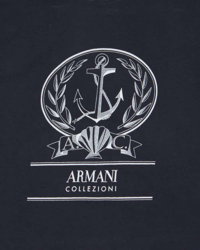 Vintage Y2K 00s Armani Collezioni Navy Nautical Fitted Crewneck T-Shirt - S