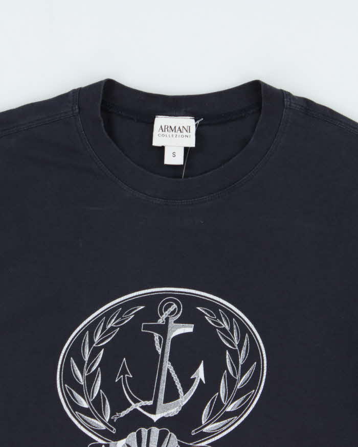 Vintage Y2K 00s Armani Collezioni Navy Nautical Fitted Crewneck T-Shirt - S