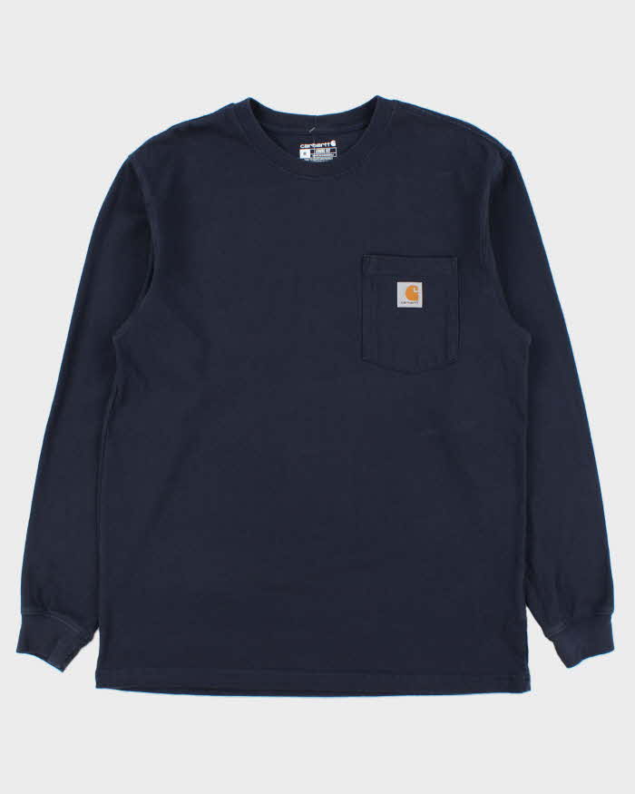 Vintage Carhartt Navy Heavyweight Loose Fit Crewneck Long Sleeve Pocket T-Shirt - M