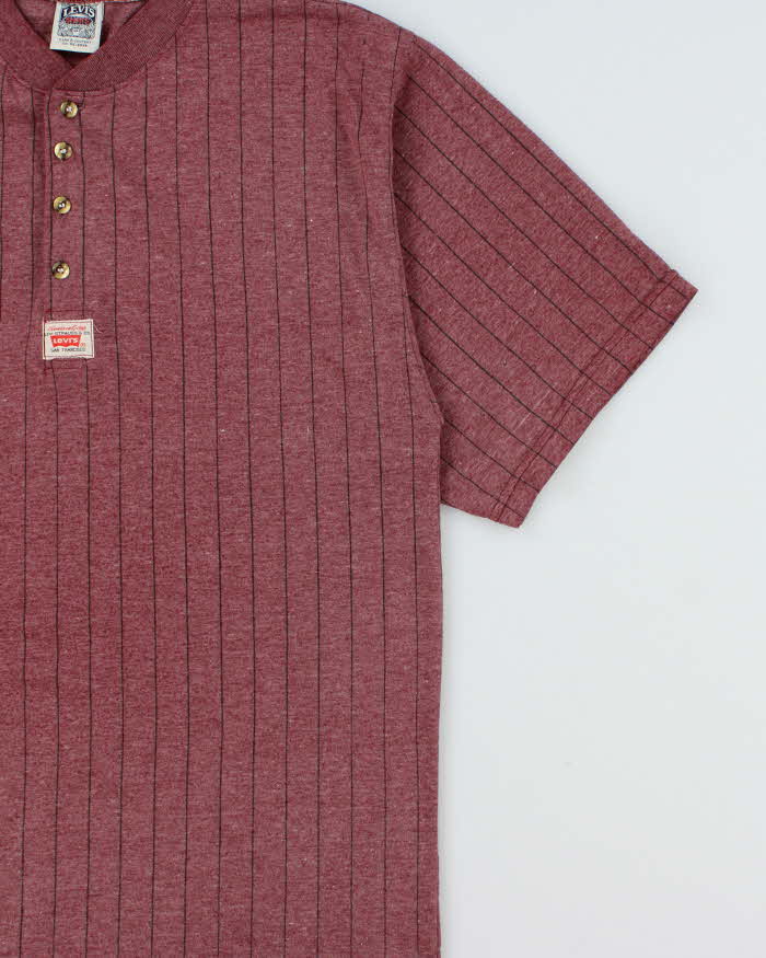 Vintage 1990s Levi's Marl Maroon Heavyweight Striped Made In USA Short Sleeve Henley T-Shirt - L