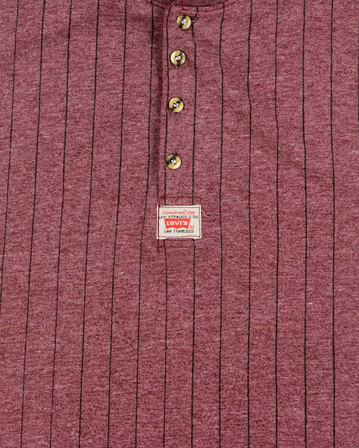 Vintage 1990s Levi's Marl Maroon Heavyweight Striped Made In USA Short Sleeve Henley T-Shirt - L