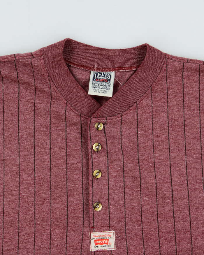 Vintage 1990s Levi's Marl Maroon Heavyweight Striped Made In USA Short Sleeve Henley T-Shirt - L