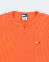 Vintage 1990s Tommy Jeans Heavyweight Ribbed Fitted Long Sleeve Notch-Neck T-Shirt - M