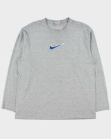 Vintage Y2K 00s Nike Marl Grey Embroidered Centre Swoosh Silver Tag Made In Canada Long Sleeve Crewneck T-Shirt - L