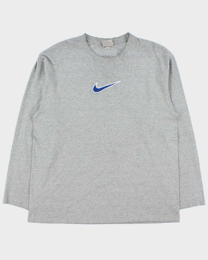 Vintage Y2K 00s Nike Marl Grey Embroidered Centre Swoosh Silver Tag Made In Canada Long Sleeve Crewneck T-Shirt - L