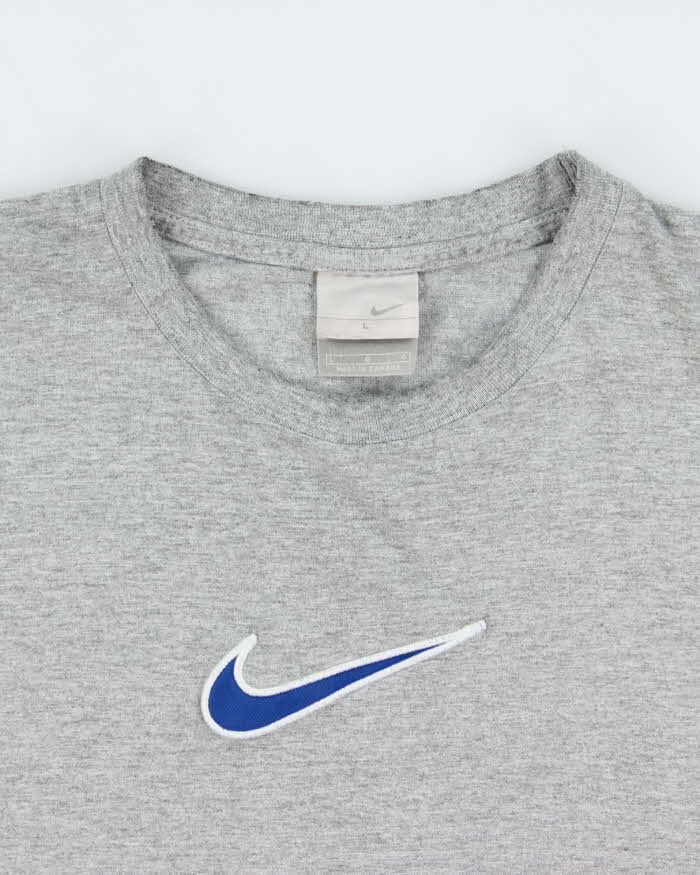 Vintage Y2K 00s Nike Marl Grey Embroidered Centre Swoosh Silver Tag Made In Canada Long Sleeve Crewneck T-Shirt - L