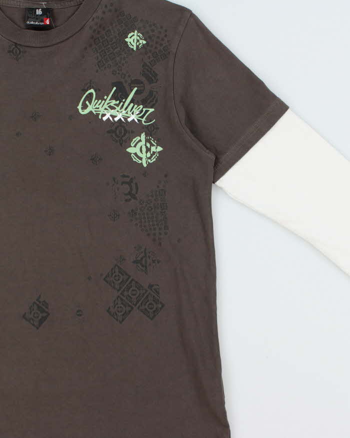 Vintage Y2K 00s Quiksilver Khaki Grey Layered Long Sleeve Crewneck Skater T-Shirt - S