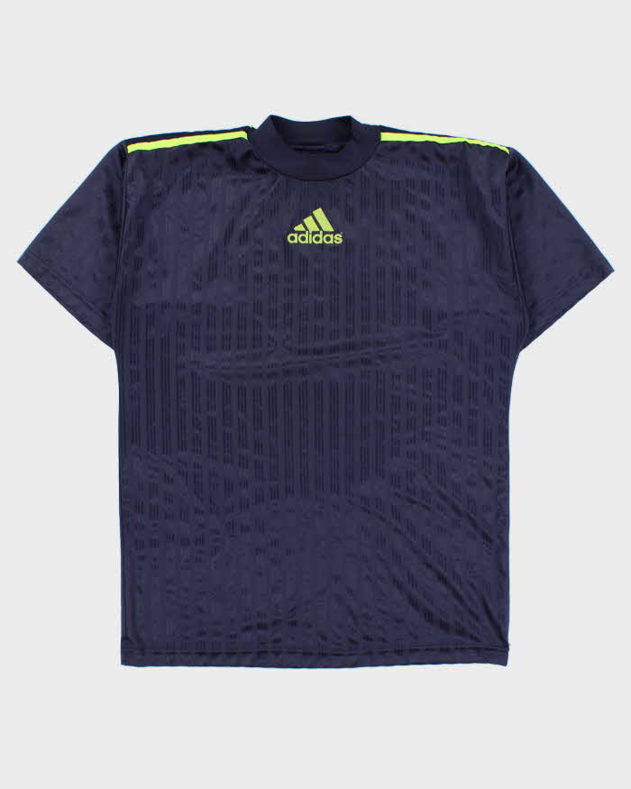 Vintage 1990s Adidas Volt Green Centre Logo Striped High Neck Sports T-Shirt - M
