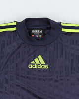 Vintage 1990s Adidas Volt Green Centre Logo Striped High Neck Sports T-Shirt - M