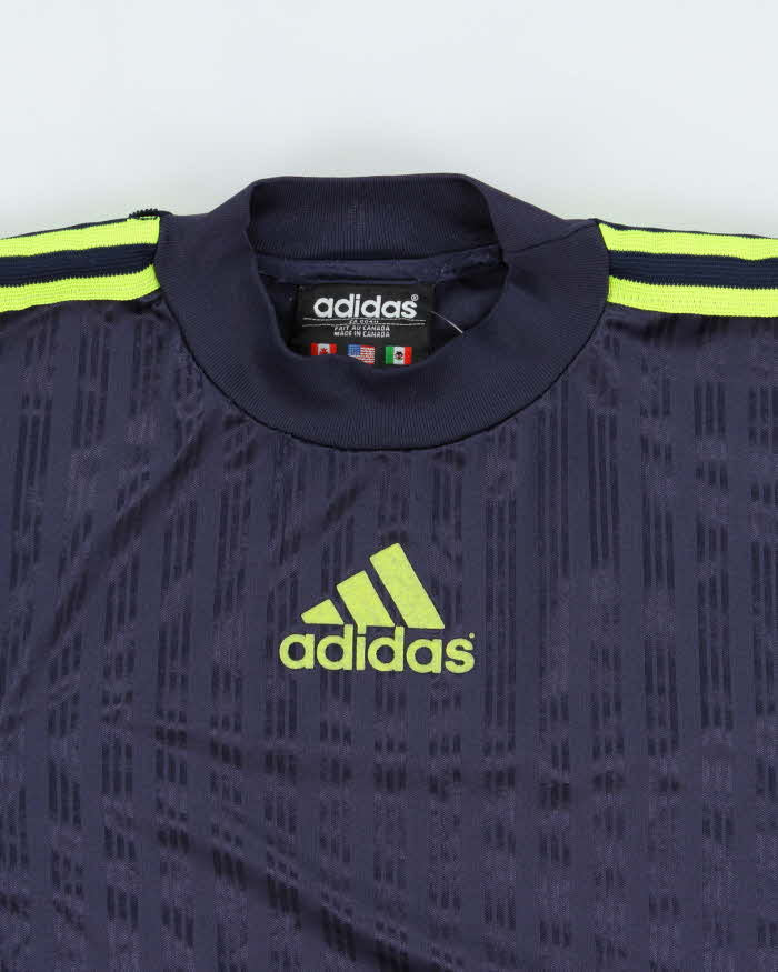 Vintage 1990s Adidas Volt Green Centre Logo Striped High Neck Sports T-Shirt - M