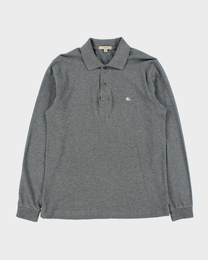 Vintage Y2K 00s Burberry Marl Grey Nova Check Trim Long Sleeve Polo Shirt - XS