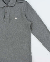 Vintage Y2K 00s Burberry Marl Grey Nova Check Trim Long Sleeve Polo Shirt - XS