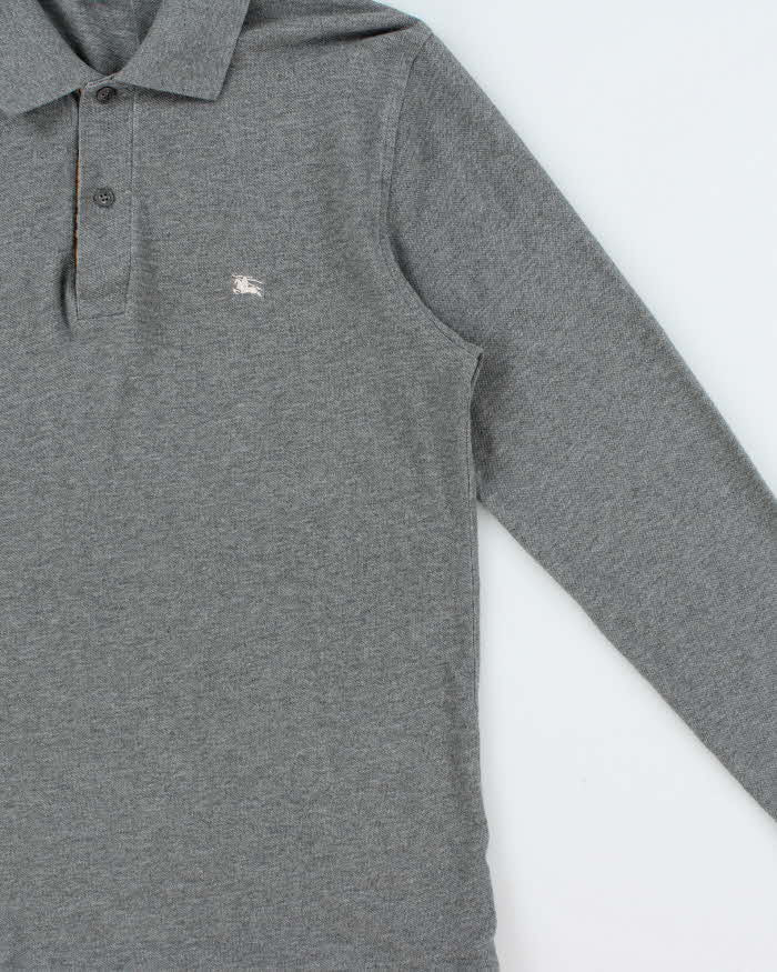 Vintage Y2K 00s Burberry Marl Grey Nova Check Trim Long Sleeve Polo Shirt - XS