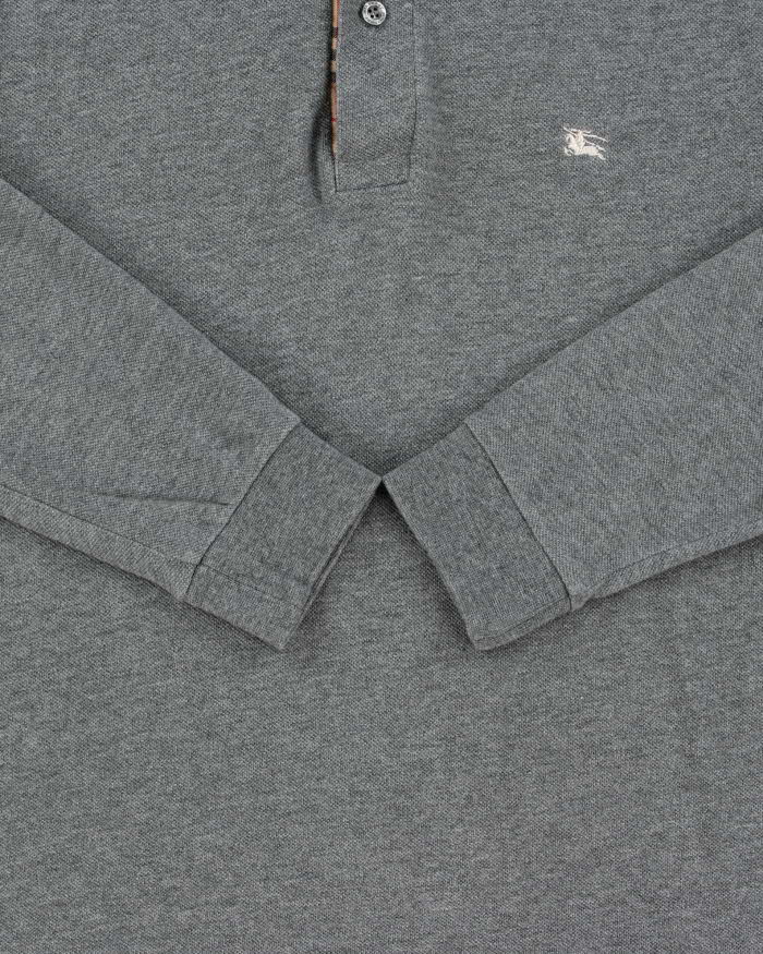 Vintage Y2K 00s Burberry Marl Grey Nova Check Trim Long Sleeve Polo Shirt - XS