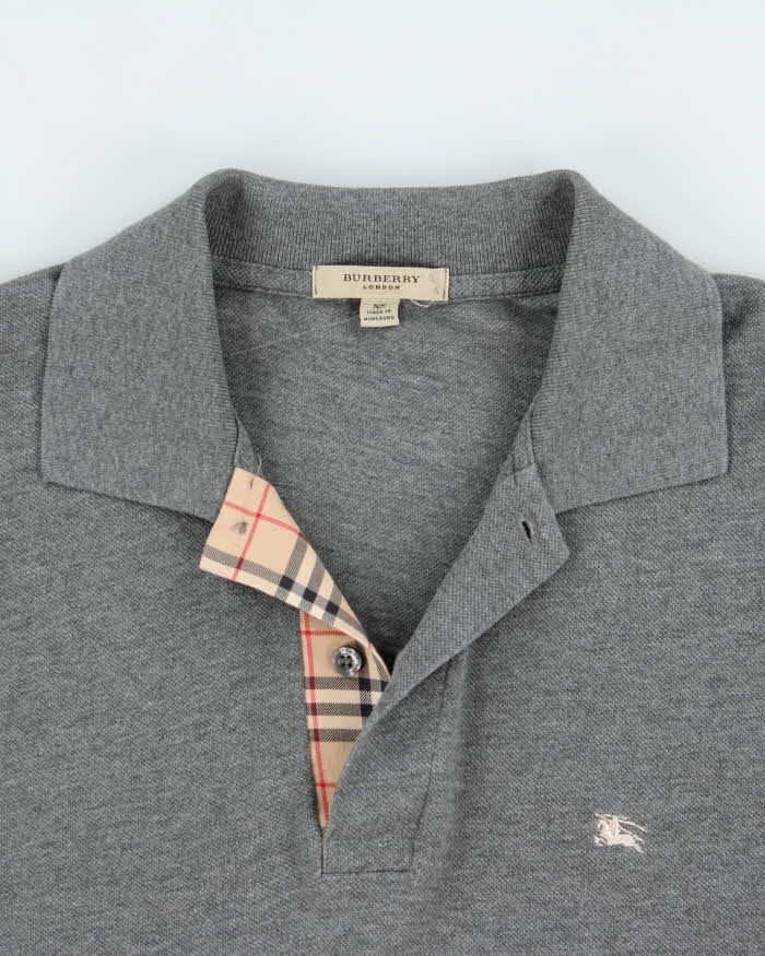 Vintage Y2K 00s Burberry Marl Grey Nova Check Trim Long Sleeve Polo Shirt - XS