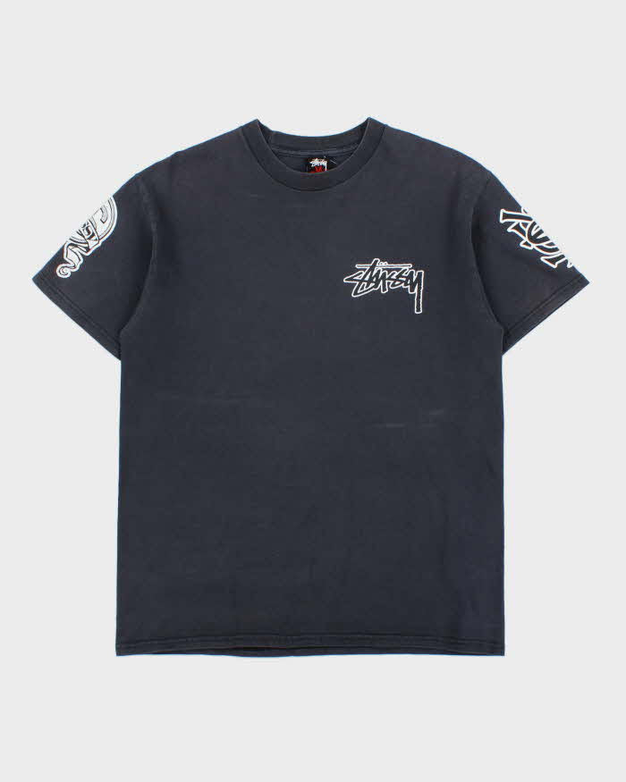 Vintage Stussy Worldwide Faded Black Heavyweight Quad Logo Crewneck T-Shirt - M